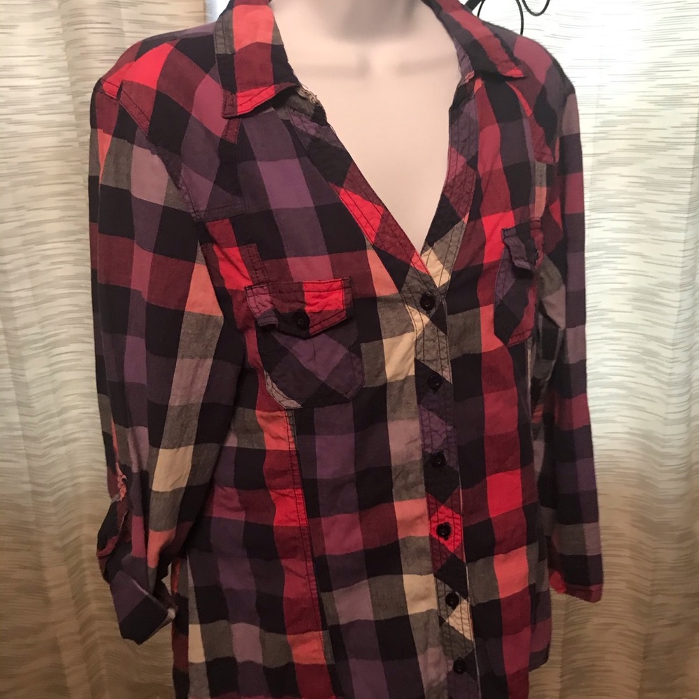 Button up shirt- pink, purple, navy, gray squares - Picture 7 of 9